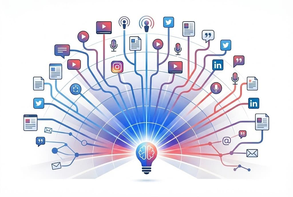 Abstract illustration showing a light bulb with a brain icon at the center, radiating content streams to various social media platforms and content formats