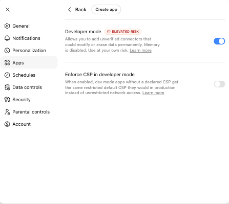 Enable developer mode in ChatGPT apps settings