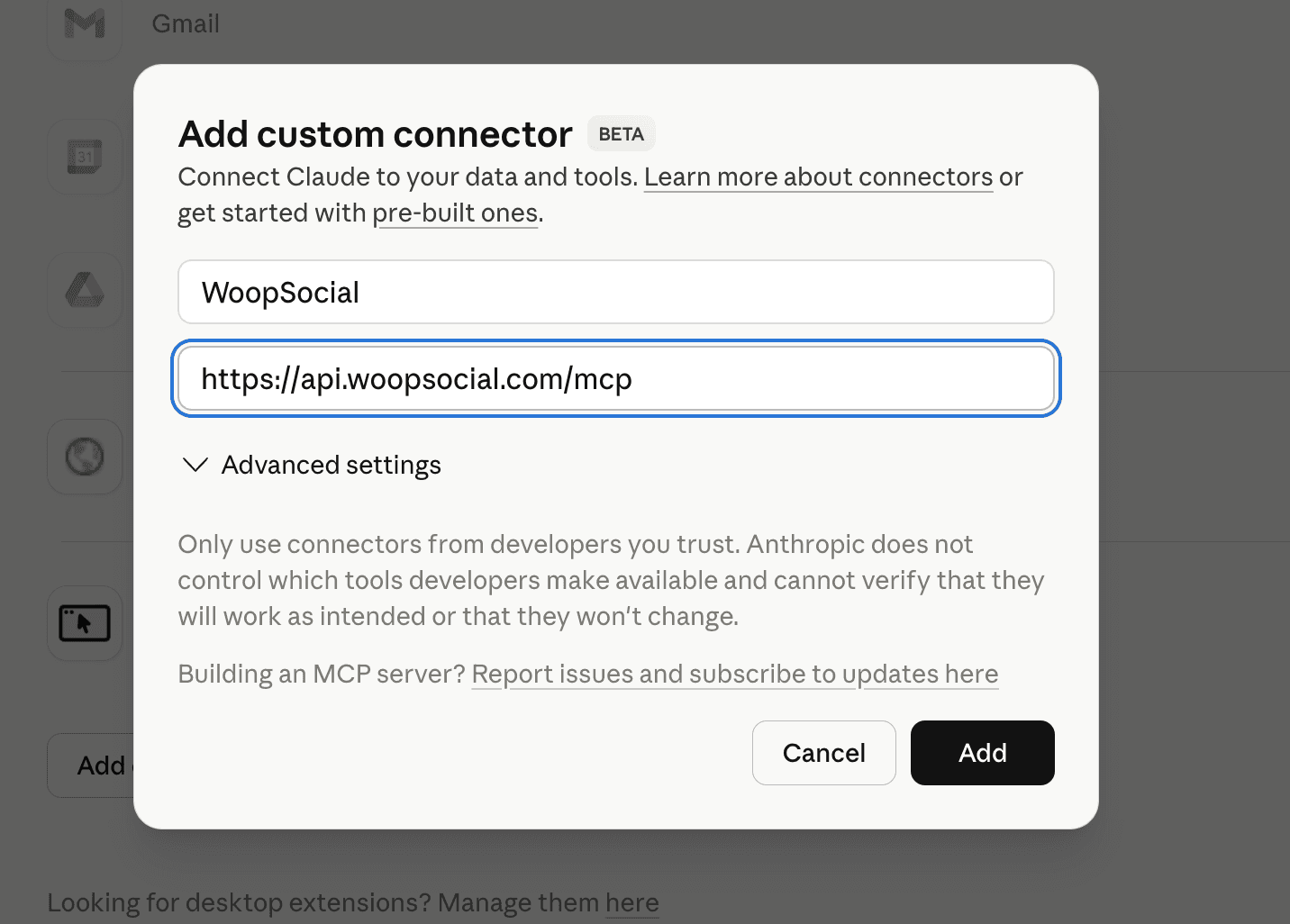 Enter WoopSocial connector name and MCP URL in Claude
