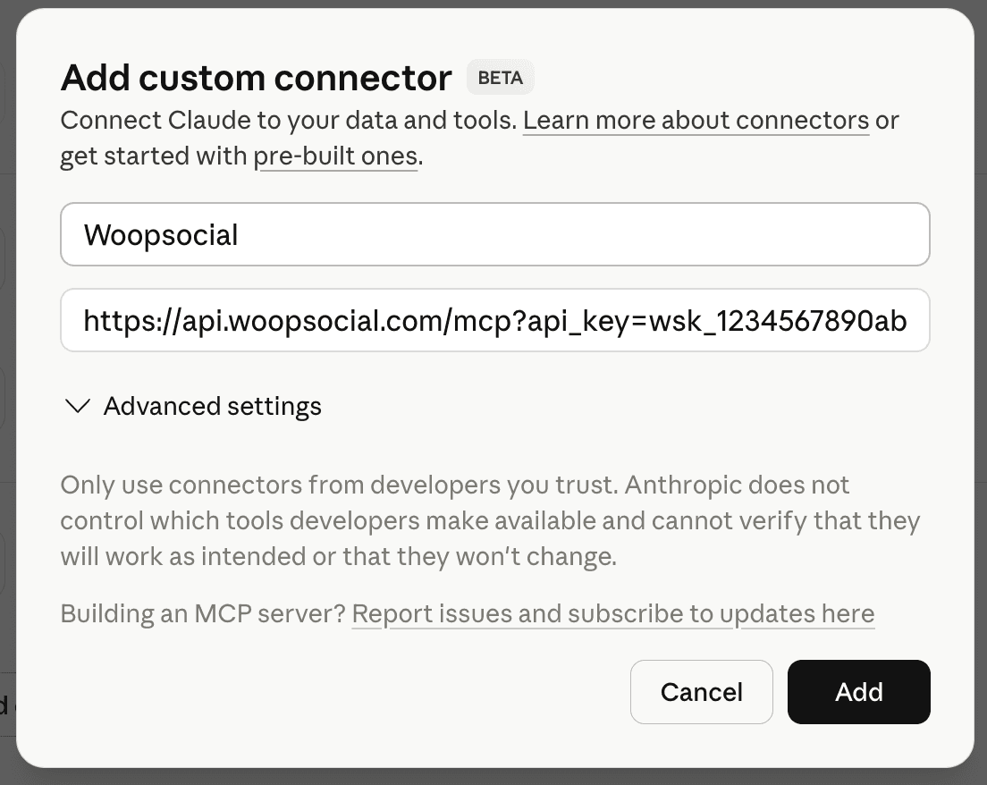 Enter WoopSocial connector name and MCP URL in Claude