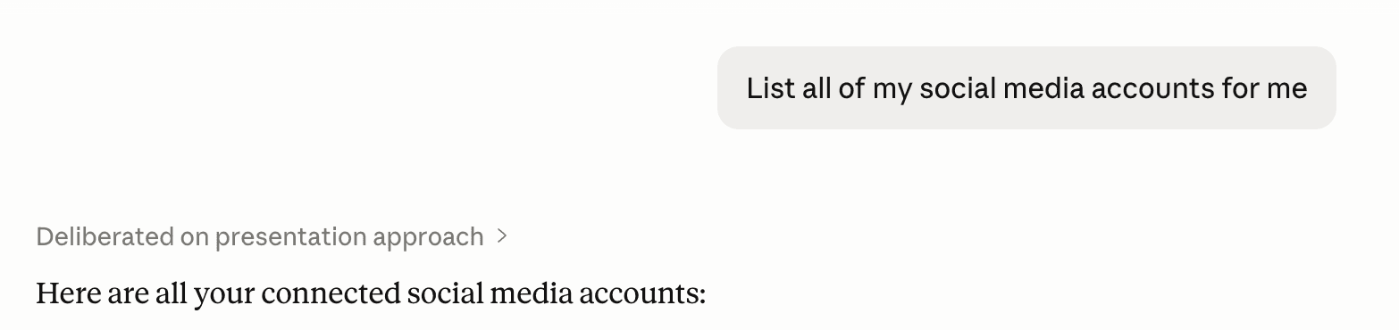 Test prompt in Claude to list social media accounts