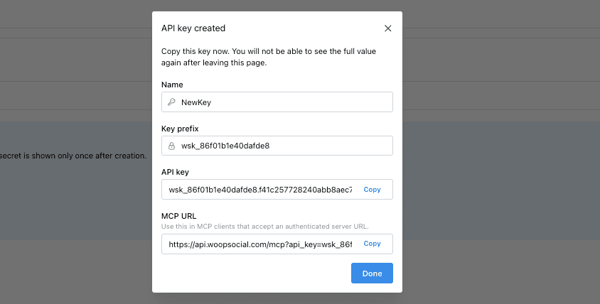 Generate new API key in WoopSocial dashboard