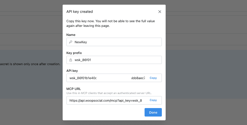 Copy the WoopSocial MCP link from API key details