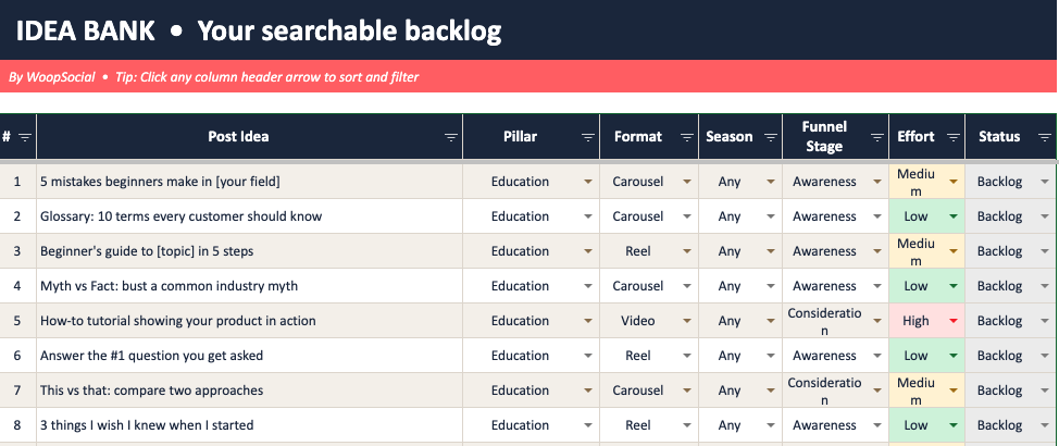 Social media post idea bank spreadsheet with filterable idea list