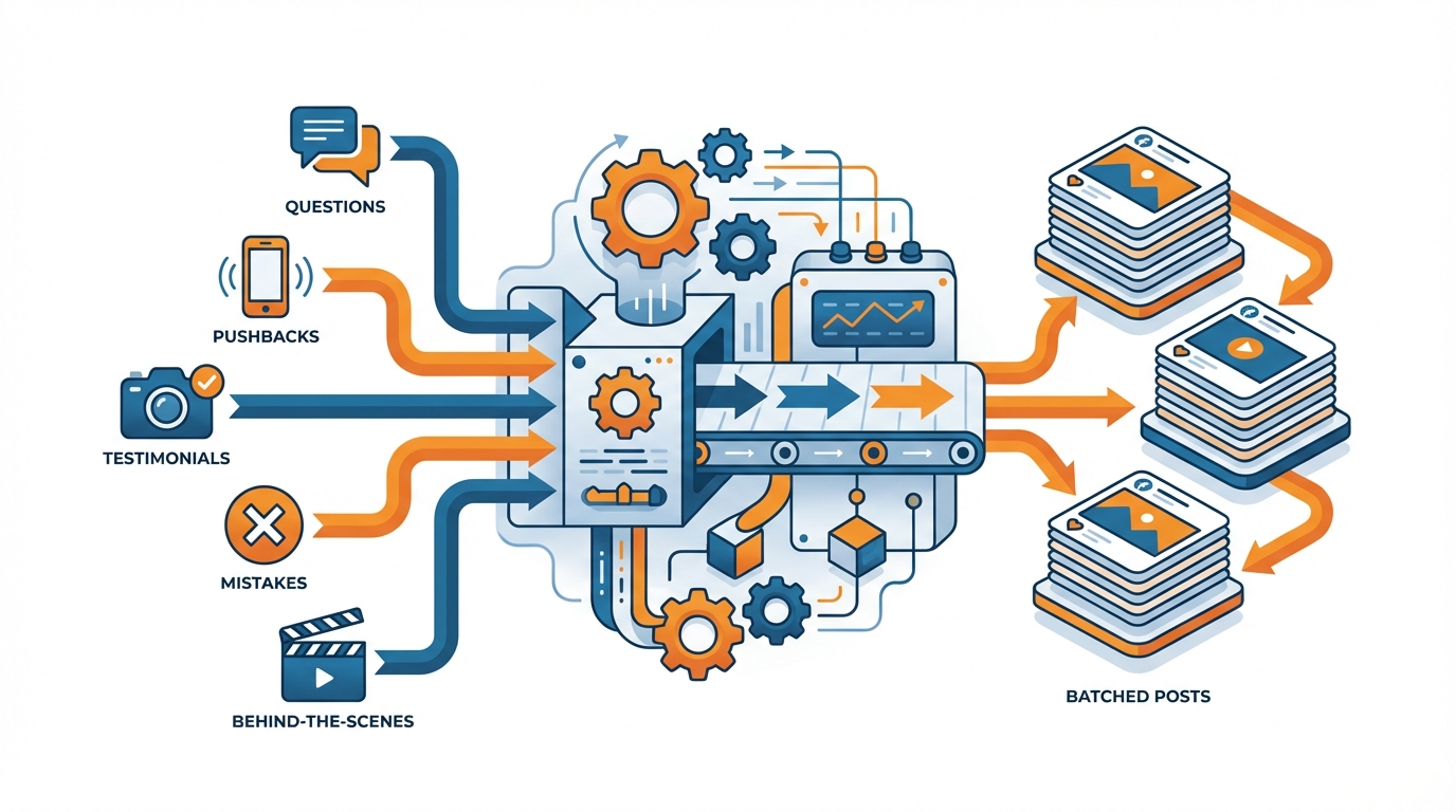 Content batching workflow illustration.